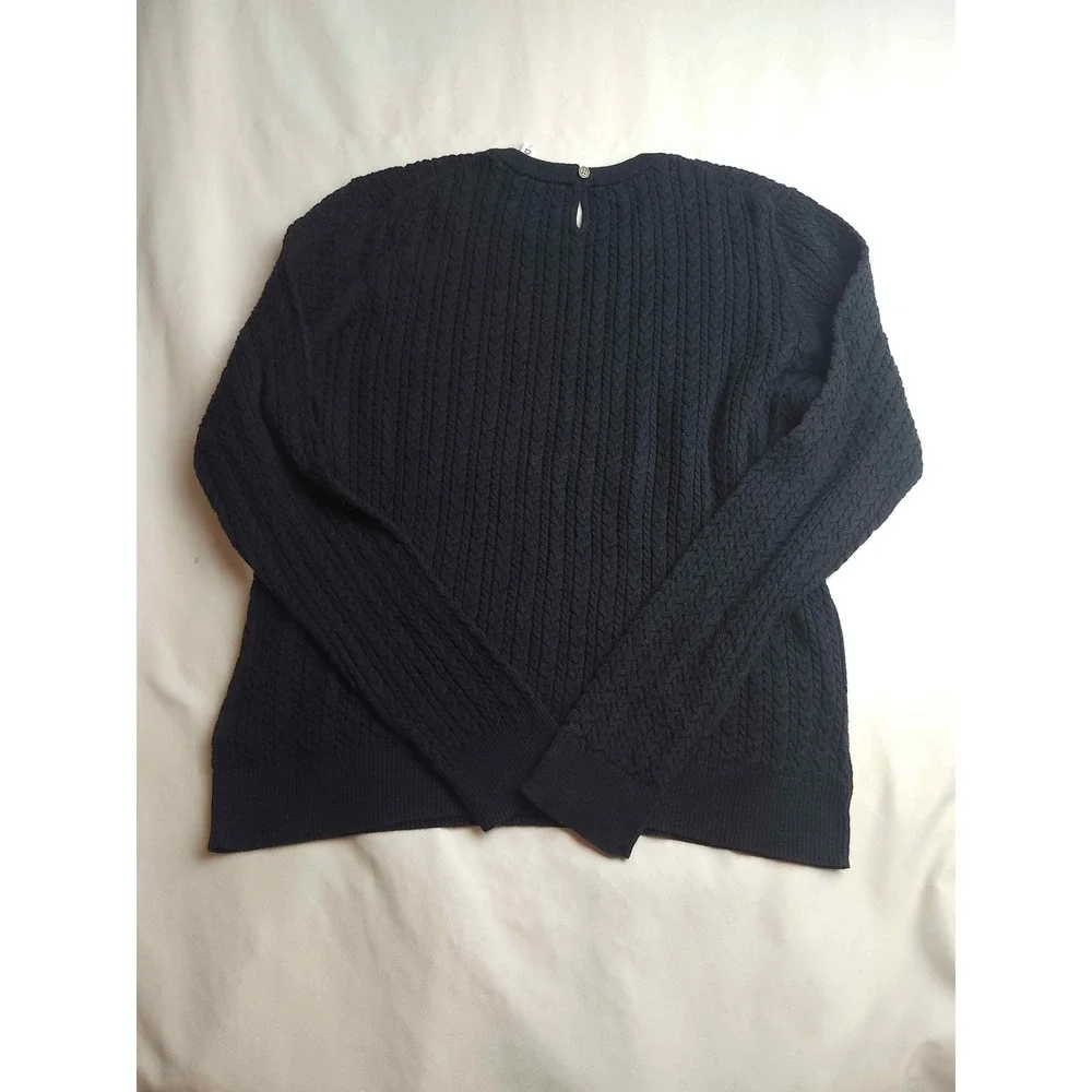 Brooks Brothers Womens Navy Blue Cable Knit Cotton Keyhole Sweater Large
